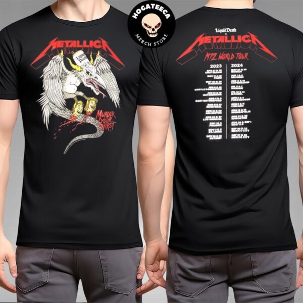 Metallica X Liquid Death M72 World Tour 2023 2024 Murder Your Thirst Schedule List Two Sides T-Shirt