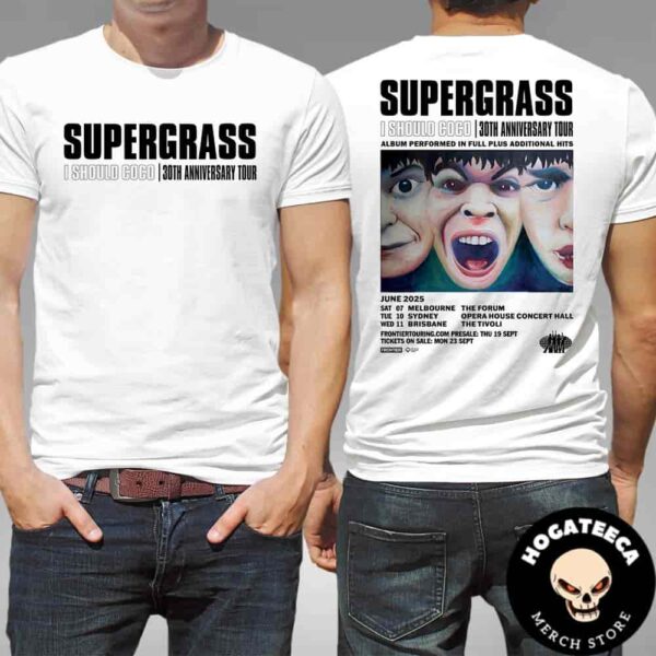 Supergrass I Should Coco 30th Anniversary Tour June 2025 Schedule List Merch Two Sides Unisex T-Shirt