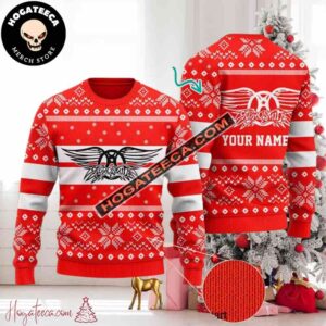 Aerosmith Rock Band Red Color Custom Name Ugly Christmas Sweater Chirstmas Gifts 2024 Xmas For Family And Friends Ugly Sweater