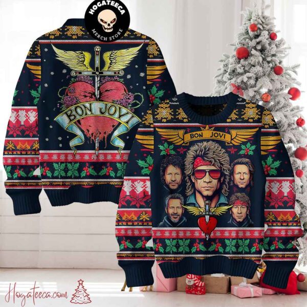 Bon Jovi Rock Band Red Heart Christmas Sweater Chirstmas Gifts 2024 Xmas For Family And Friends Ugly Sweater