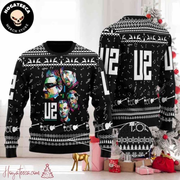 Rock Music U2 Band With Music Notes And Instruments Ugly Christmas Sweater Chirstmas Gifts 2024 Xmas For Family And Friends Ugly Sweater