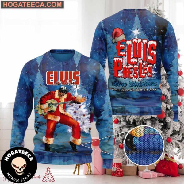 Elvis Presley Blue Christmas Santa Claus Is Back In Town  Chirstmas Gifts 2024 Xmas For Family And Friends Ugly Sweater